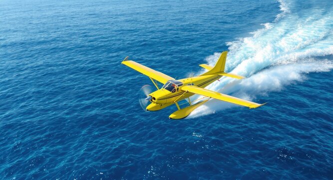 Bright yellow seaplane in flight over the ocean, creating a foamy wake