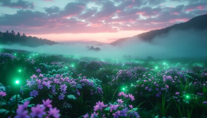 Green mist rising from a flower meadow with fireflies at twilight