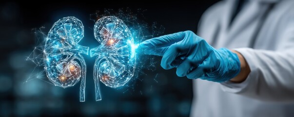 Doctor in blue gloves highlights a digital holographic kidney model for advanced medical imaging and kidney health research
