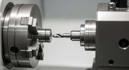 Close-up of a metal machining lathe in action, drilling a piece, with water spray