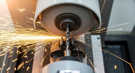 Close-up of a drill bit being sharpened on a grinding wheel, creating sparks