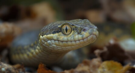 Obraz premium Close-up of a snake's head with focused eyes in a bed of dry leaves