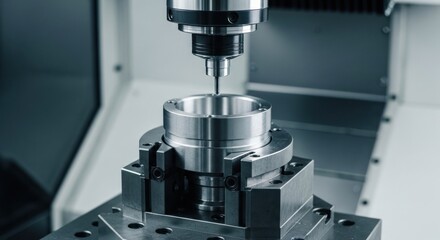 Close-up of a precision metalworking machine drilling into a cylindrical part