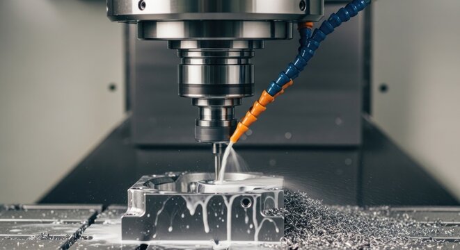 Close-up of a CNC machine milling a metal block with coolant spray