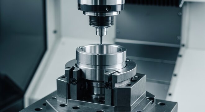 Close-up of a precision metalworking machine drilling into a cylindrical part - Powered by Adobe