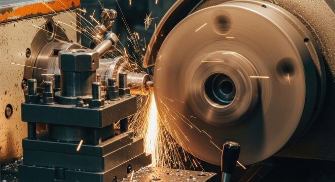 Close-up of a metal lathe in action, sparks flying as it shapes a metal workpiece