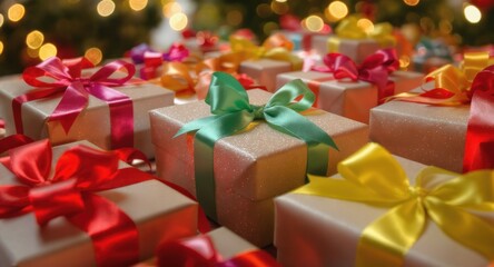 Close-up of gift boxes with colorful ribbons, blurred background with festive lights