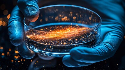 Petri dish with glowing substance in scientist's hands