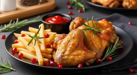 Close-up of roasted chicken wings, french fries, ketchup, and garnishes on a dark plate