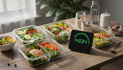 Healthy meal prep with colorful salads, grilled chicken, and timer on wooden table, showcasing organized food storage and nutritious eating habits for wellness