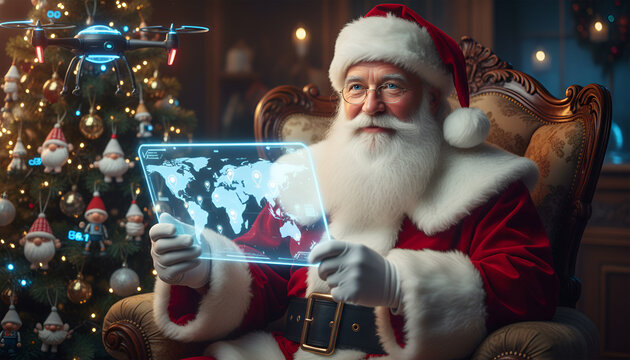 Santa Claus in festive red attire, seated in an ornate chair, using a futuristic tablet to view a world map, surrounded by a beautifully decorated Christmas tree and holiday ambiance - Powered by Adobe