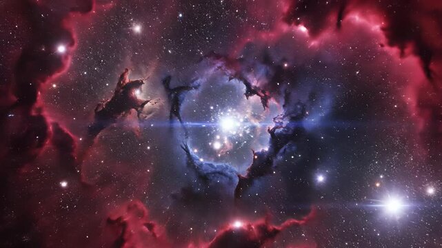 Galactic celestial canvas featuring spiral shaped star formations, heart like stellar structures, and radiating clusters of blue, red, and dark ums perfectly capturing the concept of infinite.