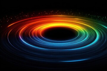 Abstract Rainbow Neon Circular Lines on Black Backdrop