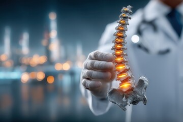 Doctor in white coat holds a detailed spine model with glowing vertebrae for medical visualization