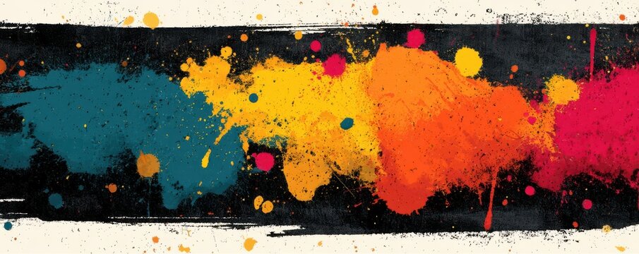 Colorful paint splashes burst around a dark rectangular frame in abstract art style - Powered by Adobe