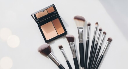 Cosmetics, makeup brushes, and a compact of face powder sit on a white surface