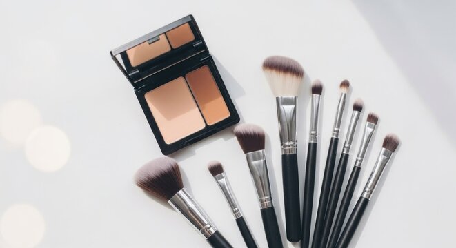 Cosmetics, makeup brushes, and a compact of face powder sit on a white surface