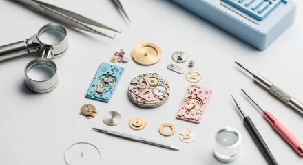 Disassembled watch components and tools arranged on a white surface, top-down view