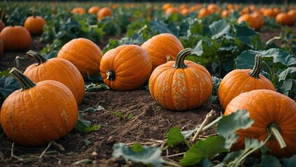 Ripe pumpkins lying in the field