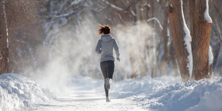 Person in gray jacket, leggings and gloves running on snowy forest path with breath vapor in golden morning sunlight. Invigorating winter jog, energetic cold season fitness vibe in misty woods. - Powered by Adobe