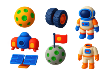 Lunar Exploration Icons. 3D icon set of lunar exploration: moon dust, rover wheels, base modules, lunar flags, solar panels, space