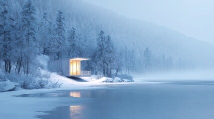 tiny modern cabin with glowing interior standing on edge of frozen lake, snow covered forests behind, serene mist rising from ice, pure white