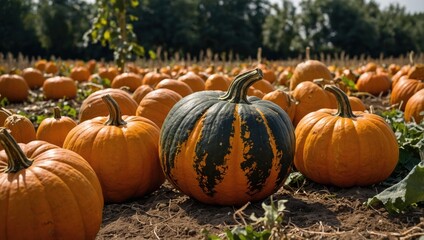 Ripe pumpkins lying in the field