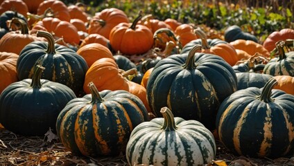 Ripe pumpkins lying in the field