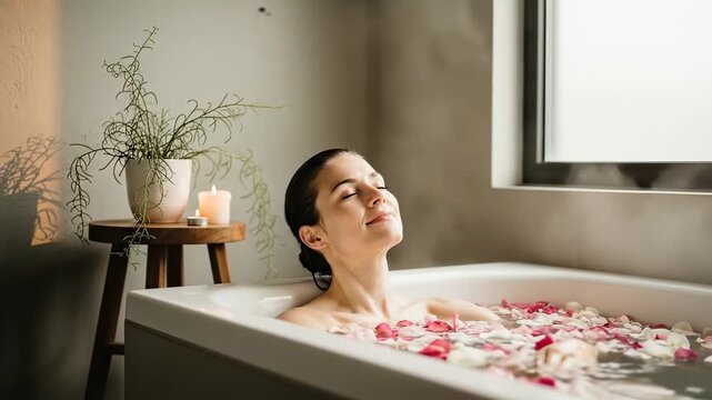 Woman Enjoying a Relaxing Bath with Flower Petals and Candles.
