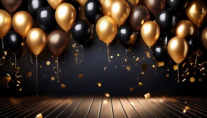 elegant black and gold balloons party celebration confetti background