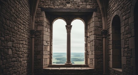 Fototapeta premium Interior shot of a stone castle window framing a scenic landscape view