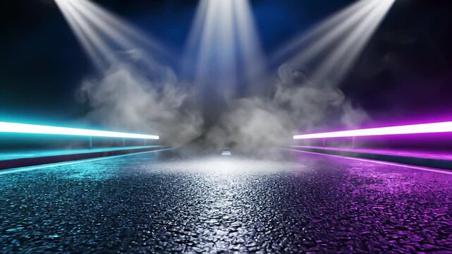 Train travels down dark asphalt street, illuminated by spotlights, capturing urban life at night, perfect for 4K or UHD video backgrounds or advertisements highlighting technology and innovation.
