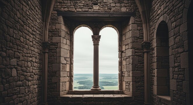 Interior shot of a stone castle window framing a scenic landscape view