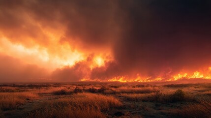 Obraz premium vast wildfire consumes the open wilderness, thick billowing smoke rising toward a dim orange evening sky, dramatic flames sweeping across dry