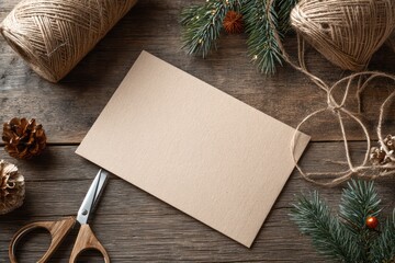 Handmade Holiday Greetings: Blank Card and Crafting Tools on Wood