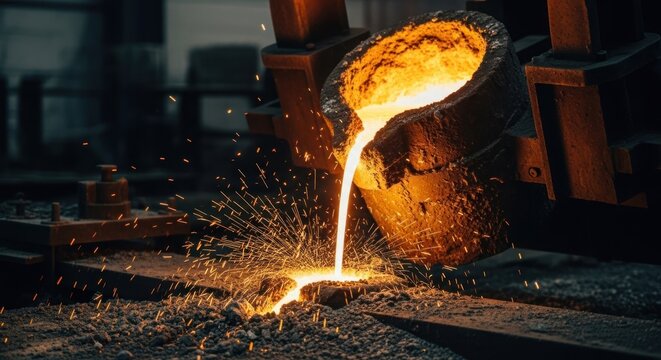 Molten metal pouring from a crucible, sparks fly, industrial setting, close-up, orange glow - Powered by Adobe