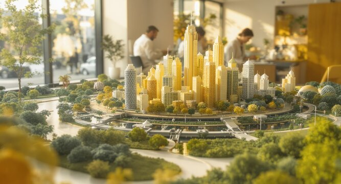 Model cityscape on display in a sunlit office, with people working in the background