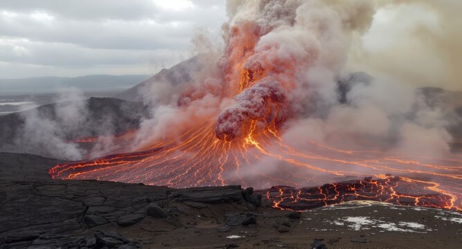 Molten lava erupts from a volcanic fissure, creating a dramatic landscape of fire and smoke