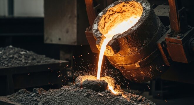 Molten metal pouring from a crucible, sparks fly, industrial setting