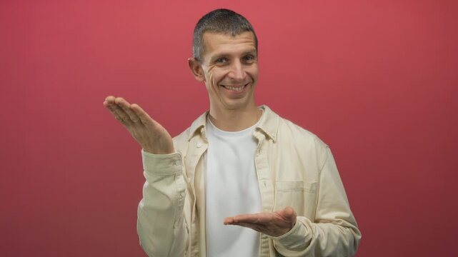 Caucasian man in casual attire smiling while presenting something against a red isolated background, extending both hands gracefully with positive expression.