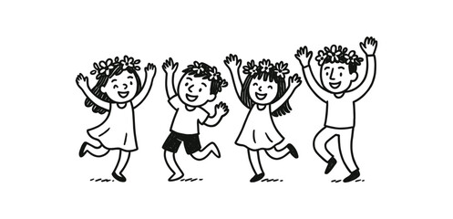 Naklejka premium handdrawn cute doodle style people dancing with flower wreaths vector line illustration