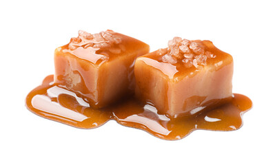 Tasty candies with salt and caramel sauce isolated on white