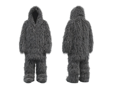 PNG of A full-body furry costume perfect for playful winter occasions, featuring a soft grey design with a hood.