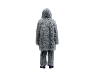 PNG of A person in a fluffy gray costume stands with their back to the camera, creating a whimsical and playful atmosphere.