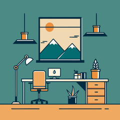 Modern home office setup with desk chair computer and mountain view window