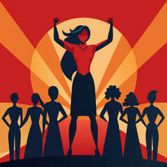 Empowered woman leads diverse group of supporters in bold silhouette art