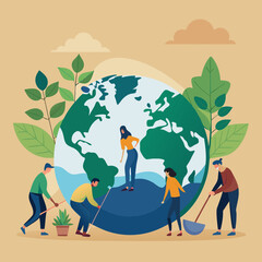 Diverse people work together to nurture and protect the planet earth with plants and water