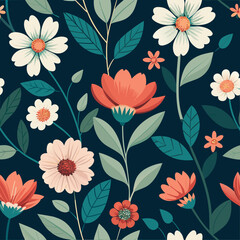 Charming floral pattern with white pink and coral flowers on dark blue background