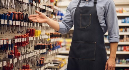 Person in apron pointing at a tool display in a hardware store