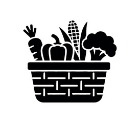 basket of vegetables flat black solid vector illustration isolated on white background
